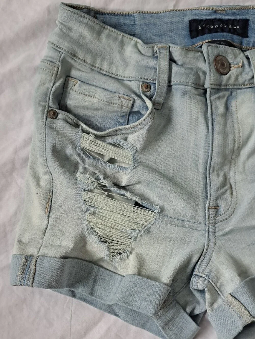 Aeropostale High Rise Midi Light Blue Denim Shorts Distressed Roll Hem Thrash 2
